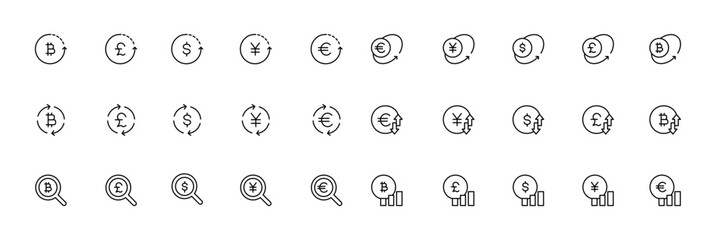 Cryptocurrency and finance icons set featuring bitcoin dollar euro yen exchange