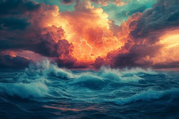 Fototapeta premium Dramatic sunset over turbulent ocean with striking lightning bolts illuminating dark clouds