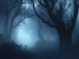 A forest with trees and fog