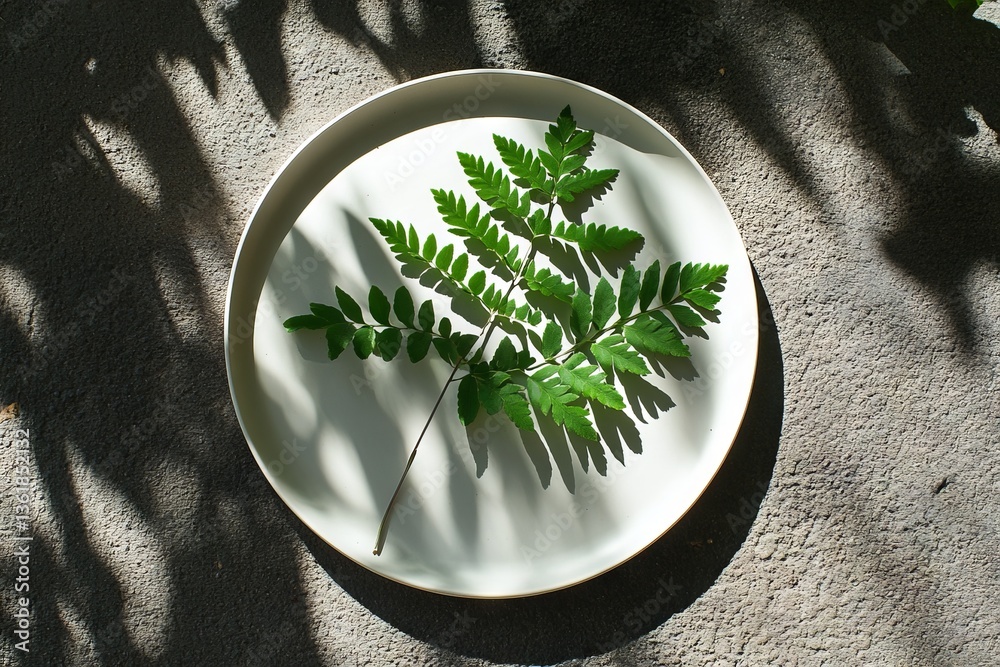 Poster leaf arrangement on a round plate casting intricate shadows in natural light during the afternoon
