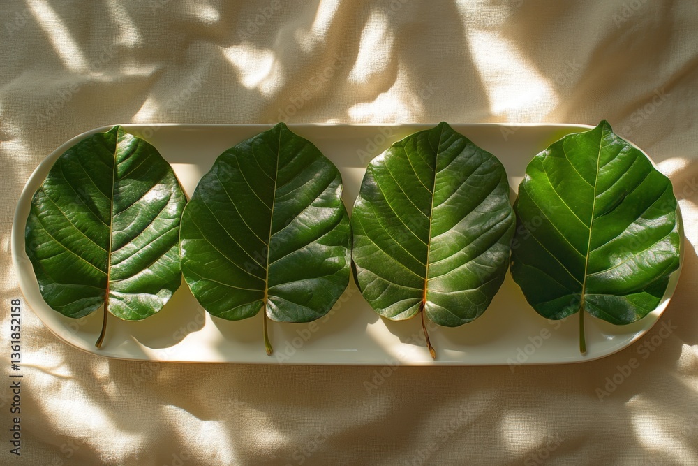 Aufkleber fresh green leaves arranged neatly on a white plate in soft sunlight creating a calming atmosphere