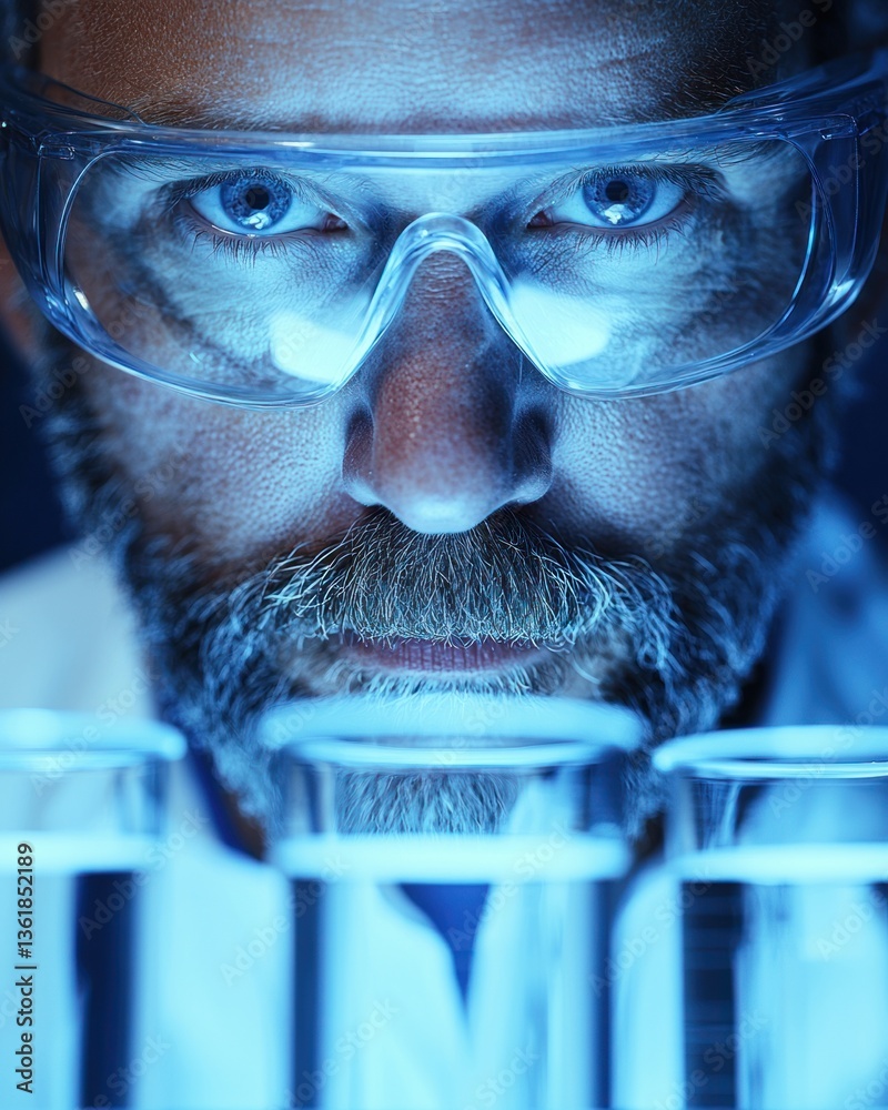 Poster Concentrated Scientist Examining Test Tubes in a Lab Close Up View