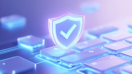 Digital shield icon on glowing keyboard.  Protection concept.  Possible use technology, cybersecurity