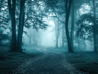 A forest path is shown in the dark with foggy mist