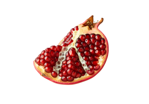 A ripe pomegranate section levitating in the mid above the ground mid air  against a solid white background, with its juicy seeds appearing plump and glossy.