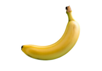 A ripe yellow banana, slightly curved, floating against a pastel blue background.