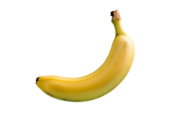 A ripe yellow banana, slightly curved, floating against a pastel blue background.
