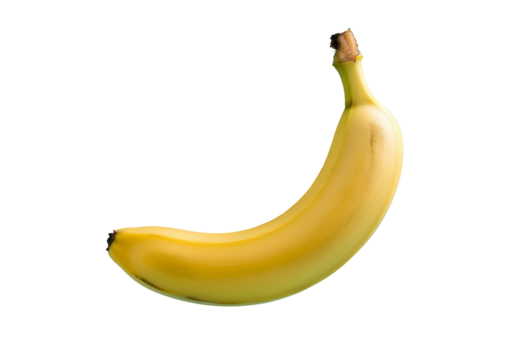 A ripe yellow banana, slightly curved, floating against a pastel blue background.