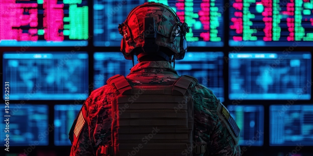 Poster Soldier in Military Uniform Observing Data on Multiple Monitors in a Command Center