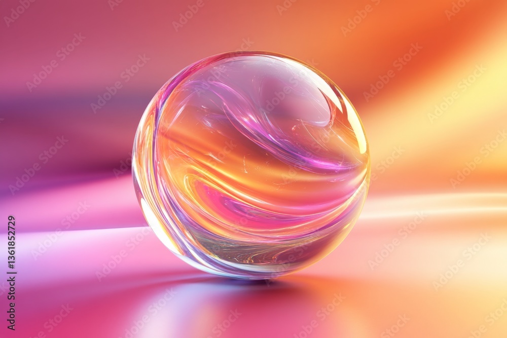 Poster colorful glass sphere reflecting light on a smooth surface in an abstract art setting