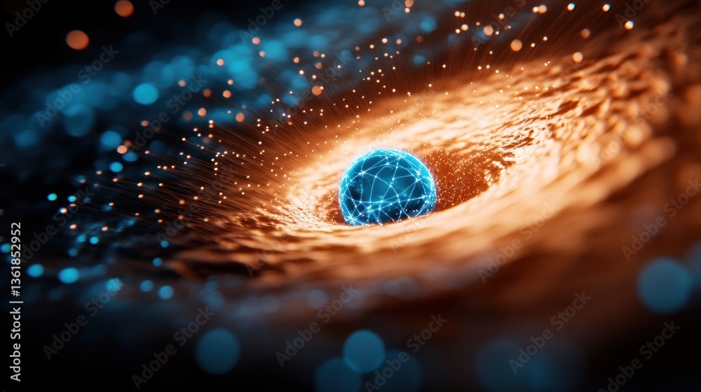 Poster abstract digital globe network in a swirling orange and blue vortex futuristic technology concept