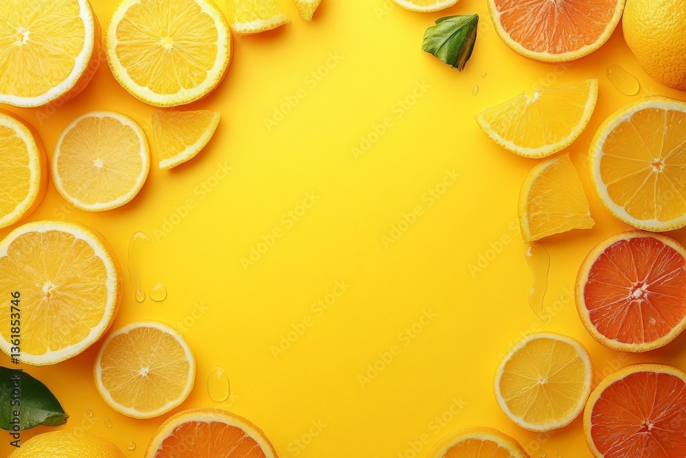 Poster fresh citrus fruits arranged on a bright yellow background with leaves and water droplets adding fre