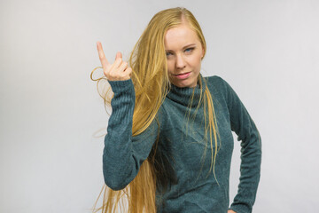 Woman pointing finger displeased