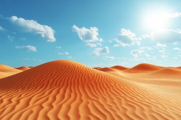 Vast desert landscape with sand dunes under a sunny sky and fluffy clouds during midday