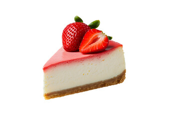 A strawberry cheesecake slice floating in mid-air against a solid white background.