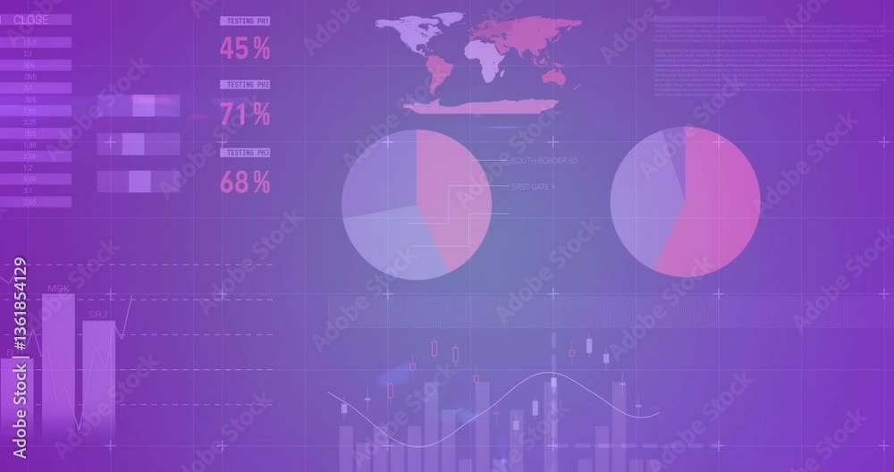 Poster displaying data analysis, graphs and charts over world map in purple tones animation