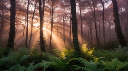 Fototapeta premium A serene forest scene with sunlight filtering through trees, illuminating ferns in a misty atmosphere.