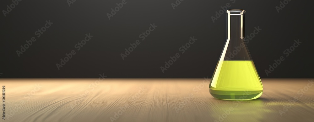 Poster a single erlenmeyer flask containing a vibrant lime green liquid sits on a light wood surface agains