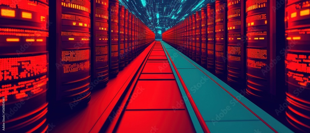 Poster Futuristic Data Center Server Room Rows of Red Servers and Teal Pathway