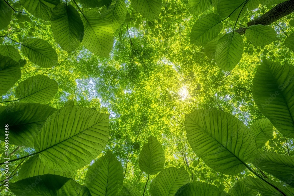 Poster sunlight filters through green leaves in a lush forest during a tranquil summer day