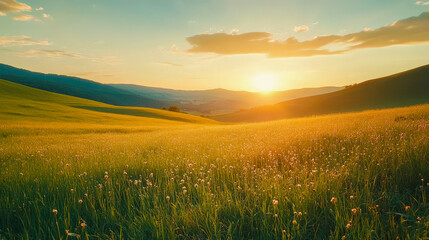 A field of grass with a sun setting in the background
