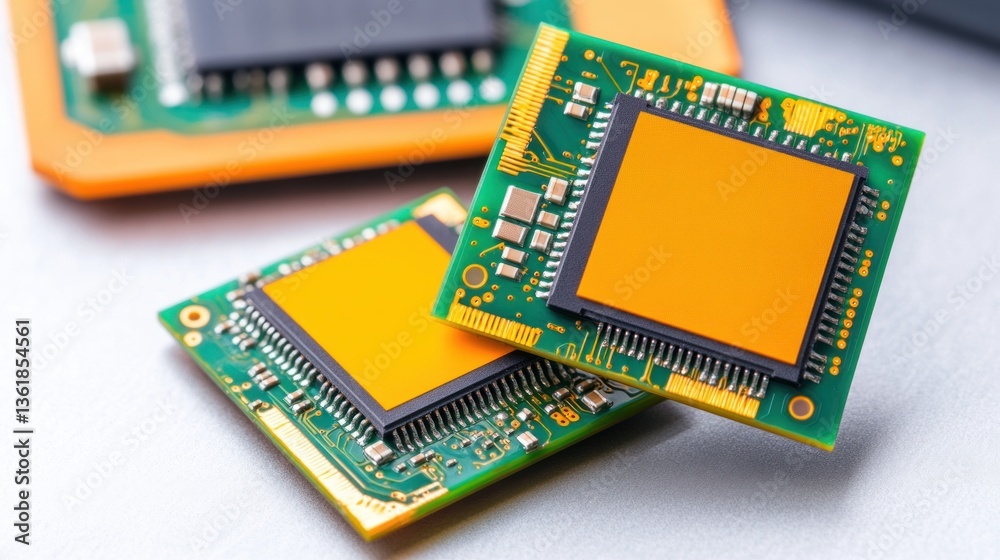 Poster Close up view of two modern microchips on a circuit board showcasing intricate electronic components and gold connectors