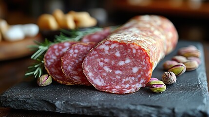 a slice of mortadella salami that stands out for its smooth texture white traces of fat,pistachios