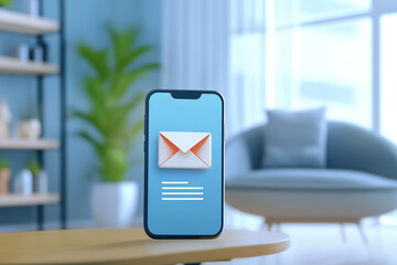 3D envelope icon on smartphone screen with blue background in cozy living room interior, Concept of mobile email application,communication, technology, connectivity, lifestyle, and messaging.