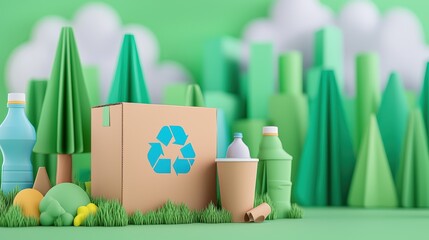 A vibrant, eco-friendly scene featuring a recyclable box, plastic bottles, and greenery, emphasizing sustainability and environmental awareness, Eco-Friendly Packaging  cup.