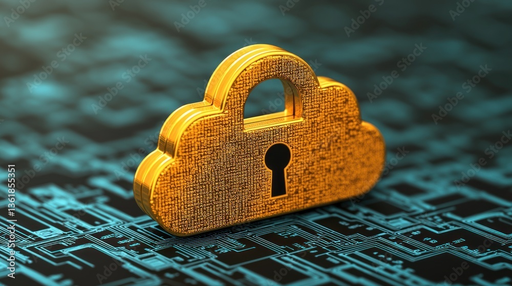 Poster Secure Cloud Storage with Golden Padlock Symbolizing Data Protection on Circuit Board Network offering Privacy
