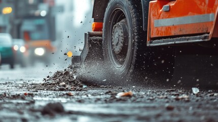 A close-up of a street sweeper removing dust 