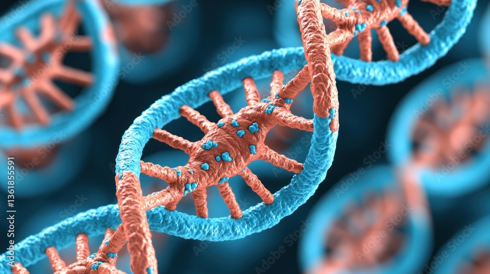 Poster Detailed 3D render of DNA double helix structure genetic code scientific background