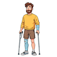 Smiling man standing with crutches and bandages recovering from injury