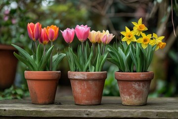 Colorful spring flowers in terracotta pots arranged on a wooden table in a garden setting during midday