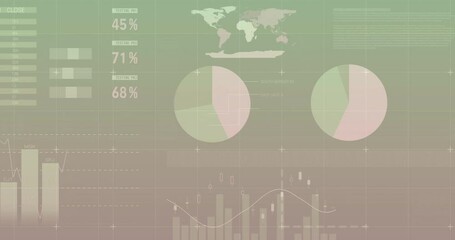 Animation of data charts and graphs overlaying world map with statistical insights