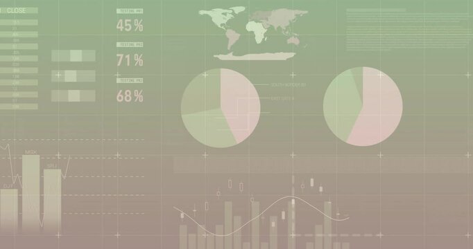 Animation of data charts and graphs overlaying world map with statistical insights