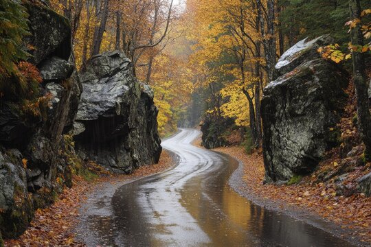 Smugglers Notch State Park: Winding Mountain Pass Road in Autumn Rain