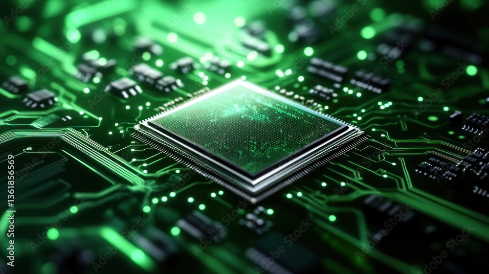 Poster Close up view of a central processing unit CPU on a circuit board glowing green technology background