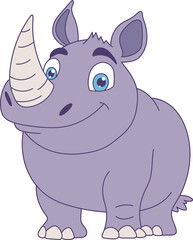 A charming cartoon rhinoceros smiles with bright blue eyes and a friendly expression on a black background. The rhino is light purple.