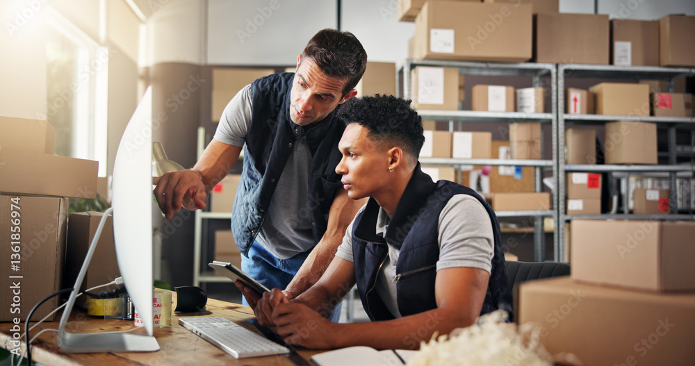 Poster logistics, men and computer with tablet for talking, checking stock and inventory research. teamwork