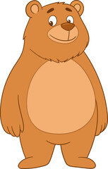 A friendly, cartoon-style bear with a warm smile stands upright, its brown fur soft and inviting, casting a playful, whimsical presence.