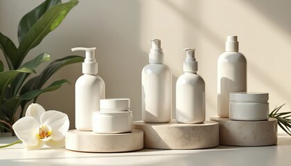Mockup skincare cosmetic product packages. Minimal style on podiums, spa, organic natural skin care concept. Bottles and jars display. Advertising, branding, beauty, dermatology, presentation.