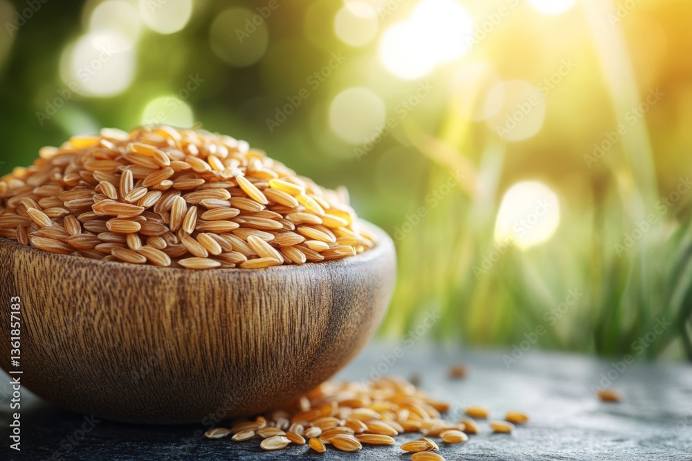 Poster brown rice in a wooden bowl resting on a stone surface with sunlight shining through greenery in the