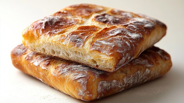 a square olive ciabatta bread loaf with a golden crust,visible olive pieces dusted lightly with flour showcasing its artisanal,flavorful appearance on a white background