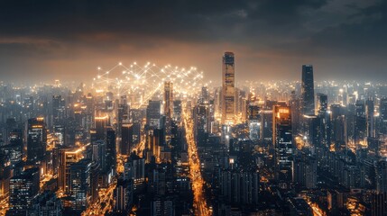 Obraz premium Exploring the Marvels of a Vibrant City at Night Illuminated by Artificial Intelligence Technology