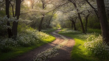 Obraz premium A serene pathway through a flowering forest, inviting tranquility and reflection.