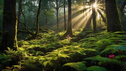 Fototapeta premium A serene forest scene with sunlight streaming through trees, illuminating lush ferns and flowers.