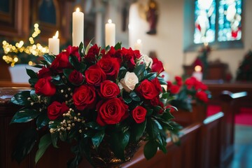 Obraz premium Elegant display of red and white roses in a church setting during a festive occasion