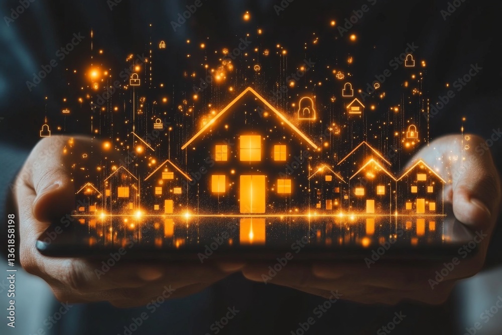 Poster Digital representation of smart homes with enhanced security features during a technology presentation