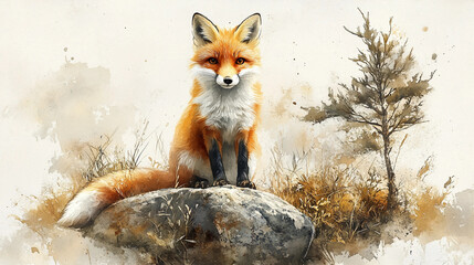 Fototapeta premium An adorable watercolor fox, peacefully sitting in a lush meadow with a large, textured rock and a small, delicate tree beside it. Suitable for marketing or business purposes